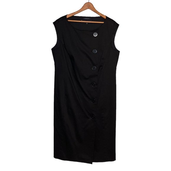 Anne Klein 14 Black Asymmetrical Button Front Stretch Cotton Blend Shift‎ Dress - Picture 1 of 4